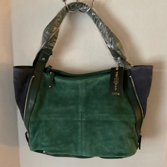 Tignanello Handbags - Tignanello Suede Colorblock Shopper Emerald Green Navy Side Zip  NEW
